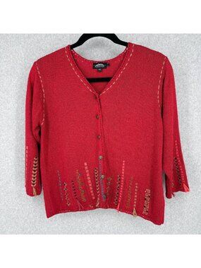Icelandic Design Womens Vintage Silk Blend Knit Cardigan Size L Red Embroidered